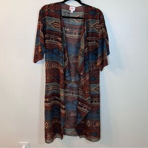 LuLaRoe Shirley Kimono Southwestern Aztec Print Woman's Size Small Brown Blue